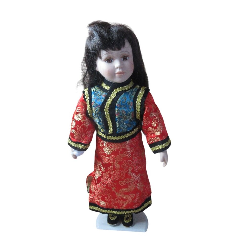 Long Hair 16" Porcelain Doll in Asian Attire with Stand - Heirloom Collection